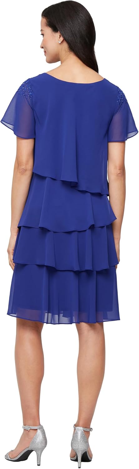 S.L. Fashions Womens V-Neck Chiffon Cocktail Dress with Beaded Shoulders and Asymmetrical Tiers (Petite and Regular Sizes) - Image 2