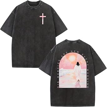 Classic Jesus Cross Vintage Washed T-Shirt Retro Street Style Simple Versatile Cotton Essential Summer Fashion Black