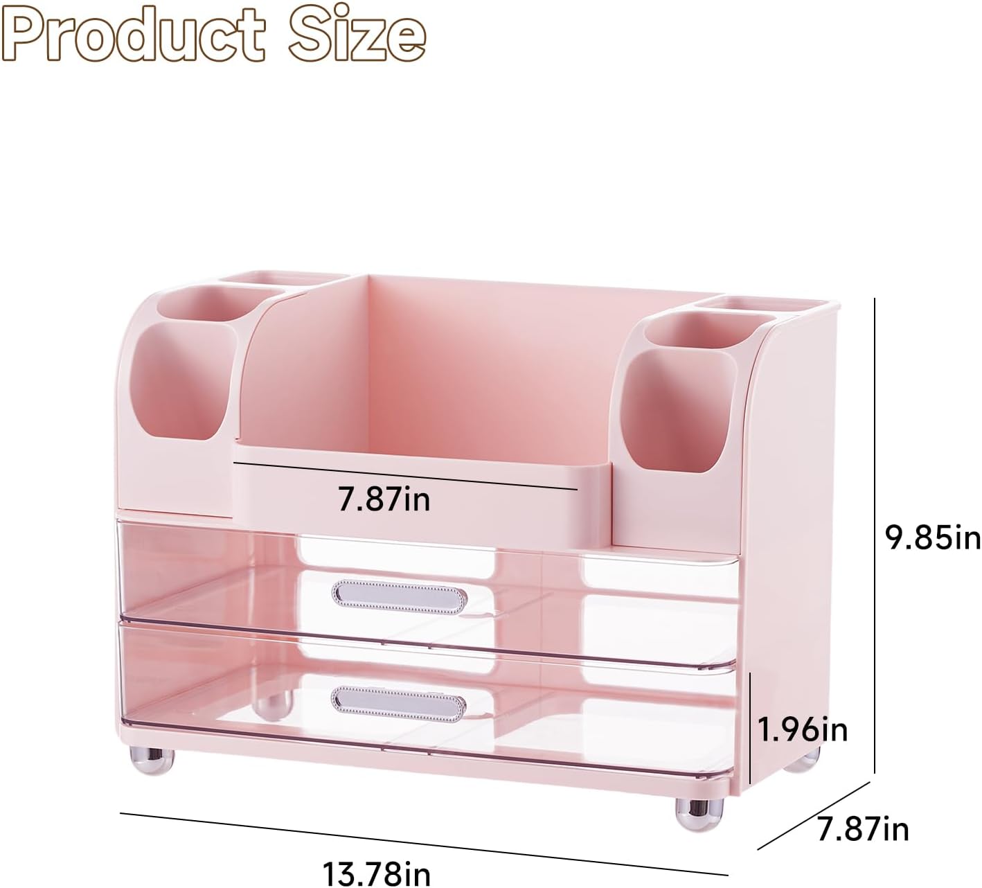 Makeup Organizer for Vanity with 2 Large Drawers, Cosmetic Display Case with Brush Holders, Easy to Storage for Bathroom Countertop Skincare, Desk Office Supplies, Pink