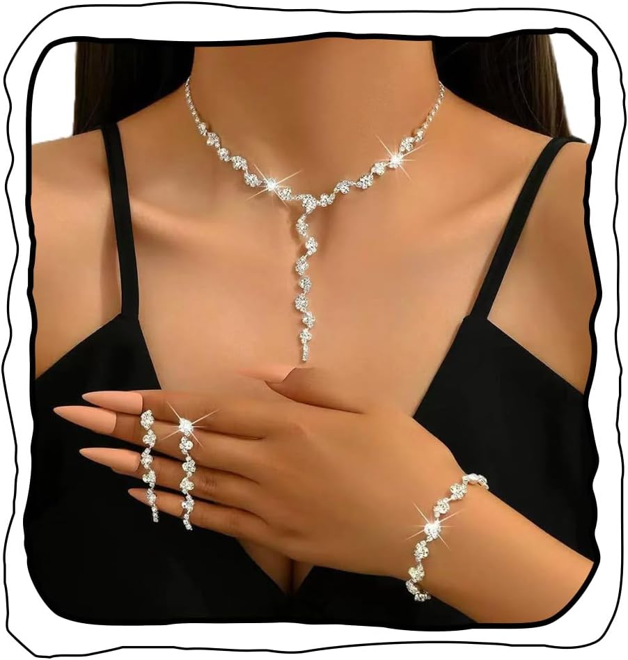 Wedding Jewelry Sets for Women Silver Necklace Earrings Set Crystal Bridal Sets Wedding Party Prom Costume Jewelry Set