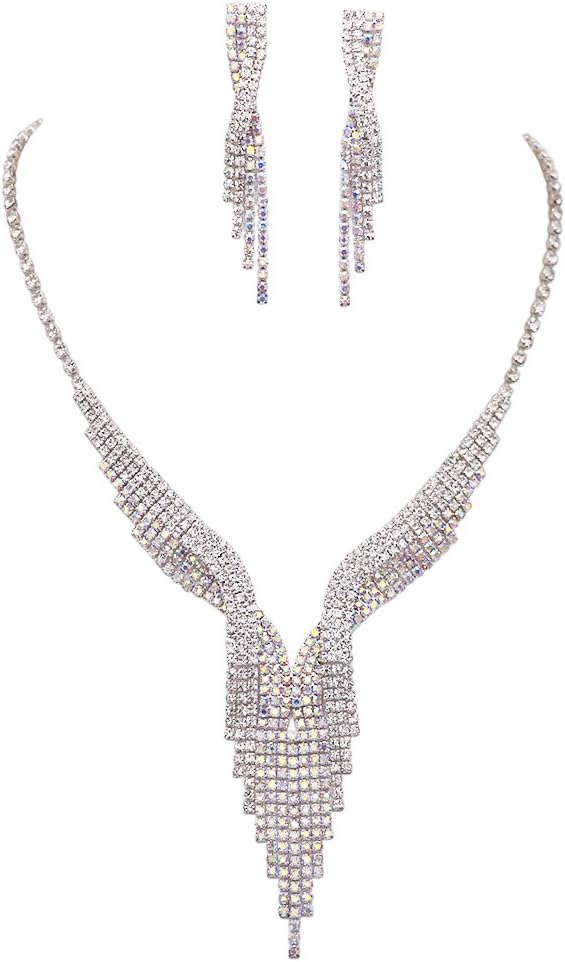 Rosemarie Collections Women's Simply Stunning Crystal Rhinestone Fringe Silver Tone Necklace And Hypoallergenic Post Back Earrings Bridal Set, 13"+5"