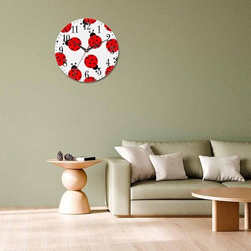 Miniatura 7 de Mxocom Reloj de pared de mariquita roja y negra, 10 pulgadas, silencioso, sin tictac, funciona con pilas, reloj redondo vintage para sala de estar,