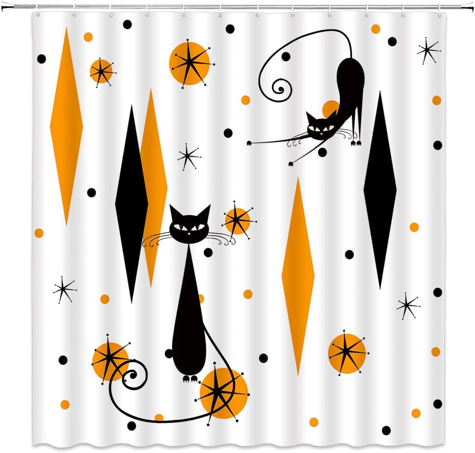 GCTNBJL Mid Century Shower Curtain Cat Starbursts ​Atomic Stars Modern ​Abstract Blue Black Geometric Iconic Retro Pattern Kitty Animal 1950s 1960s Vintage Bathroom Decor Fabric Curtain with Hooks