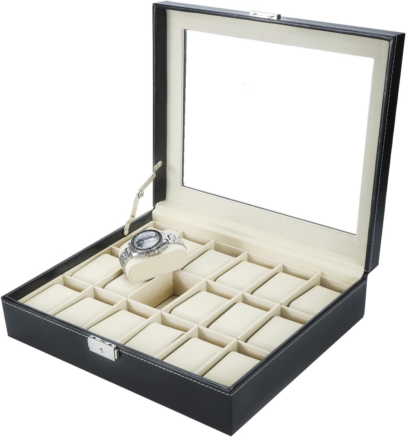 NovelBee Watch Boxes 18 Slots Watch Jewelry Display Case Organizer with Removable Cushions,Framed Glass and Secure Lock for Watch Jewelry Storage