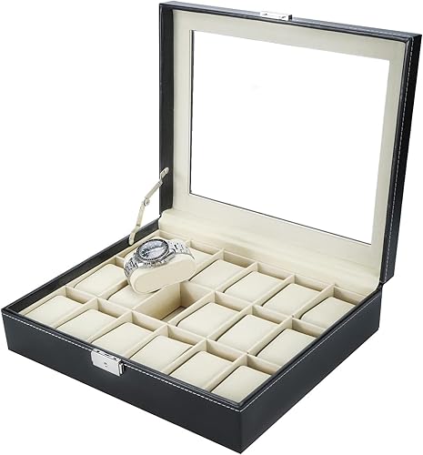 NovelBee Cajas de reloj con 18 ranuras para relojes, organizador de joyas con cojines extraíbles, vidrio enmarcado y cierre seguro para