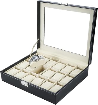 NovelBee Watch Boxes 18 Slots Watch Jewelry Display Case Organizer with Removable Cushions,Framed Glass and Secure Lock for Watch Jewelry Storage