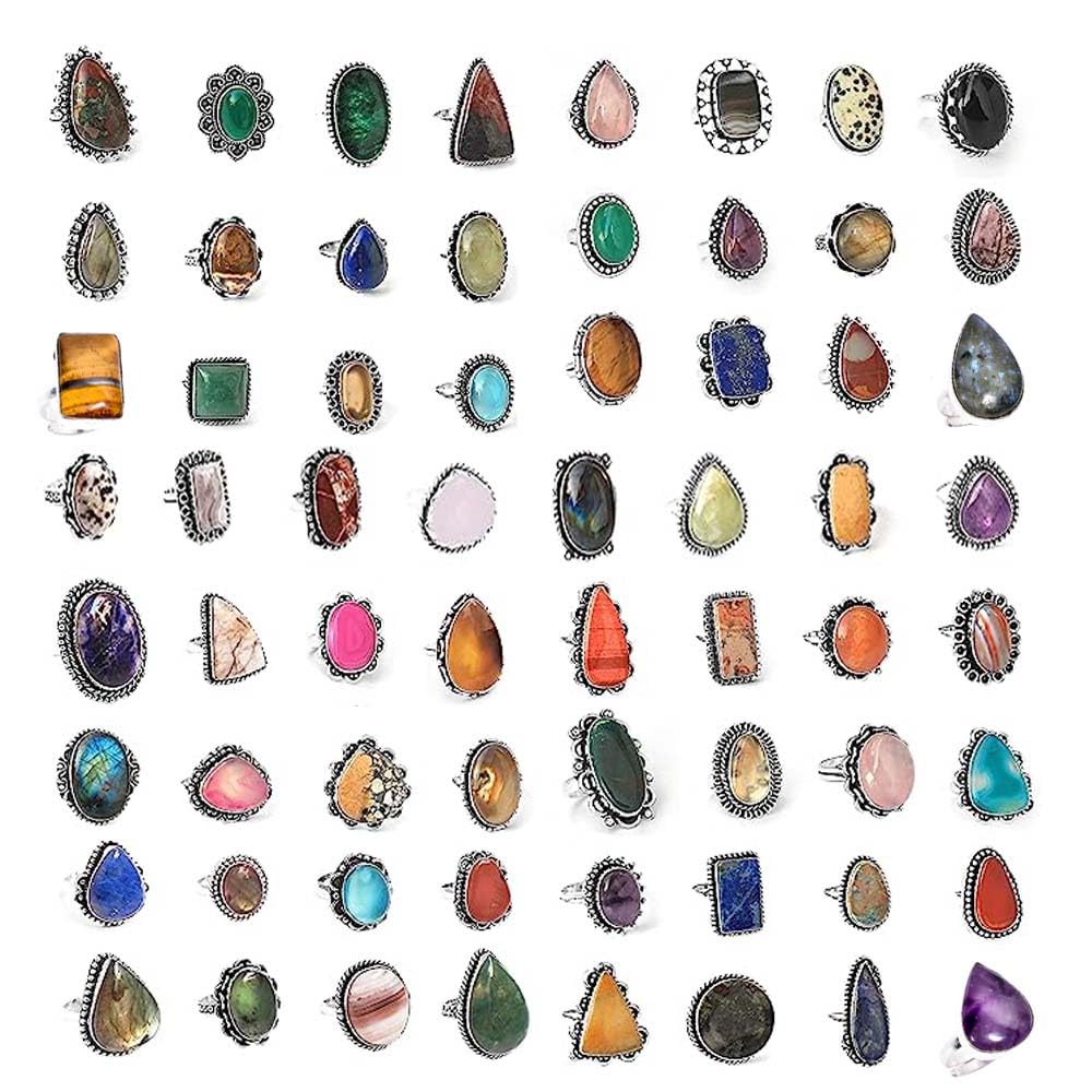 Silver Boho Rings for Women - 5 Pcs Chunky Silver Rings for Women - Fashion Ring Set, Silver Plated Statement Knuckle Rings, Handmade Gemstone Rings for Girls - Stackable Gothic Vintage Rings Pack,