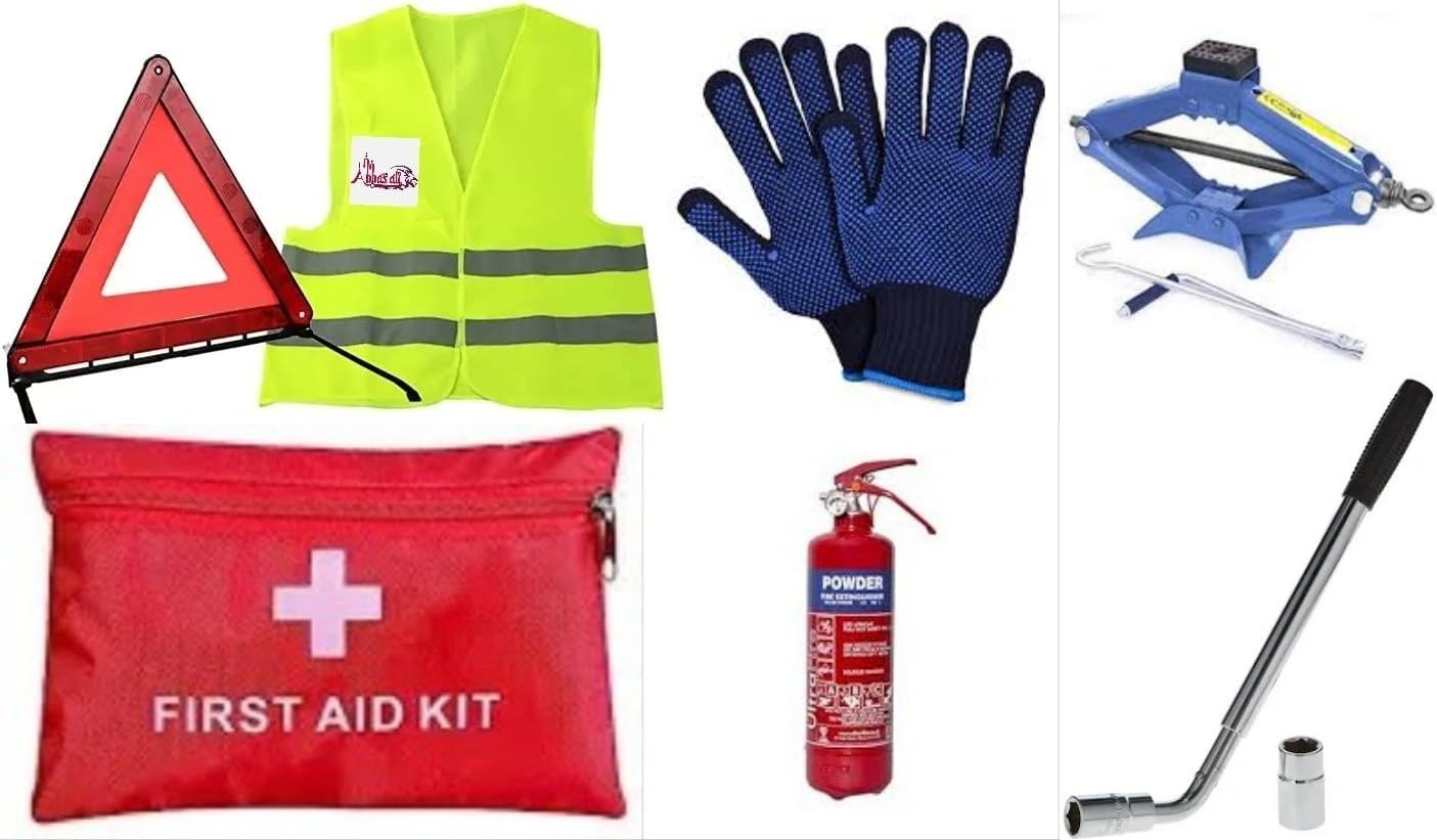 ABBASALI SAFETY PACK FOR CAR,SUV & OTHER VEHICLES CAME WITH SAFETY JACKET,GLOVE,1.5 TON SCISSOR JACK,SAFETY TRAINGLE,WHEEL SPANNER,FIRST AID POUCH& FIRE EXTINGUISHER 1KG