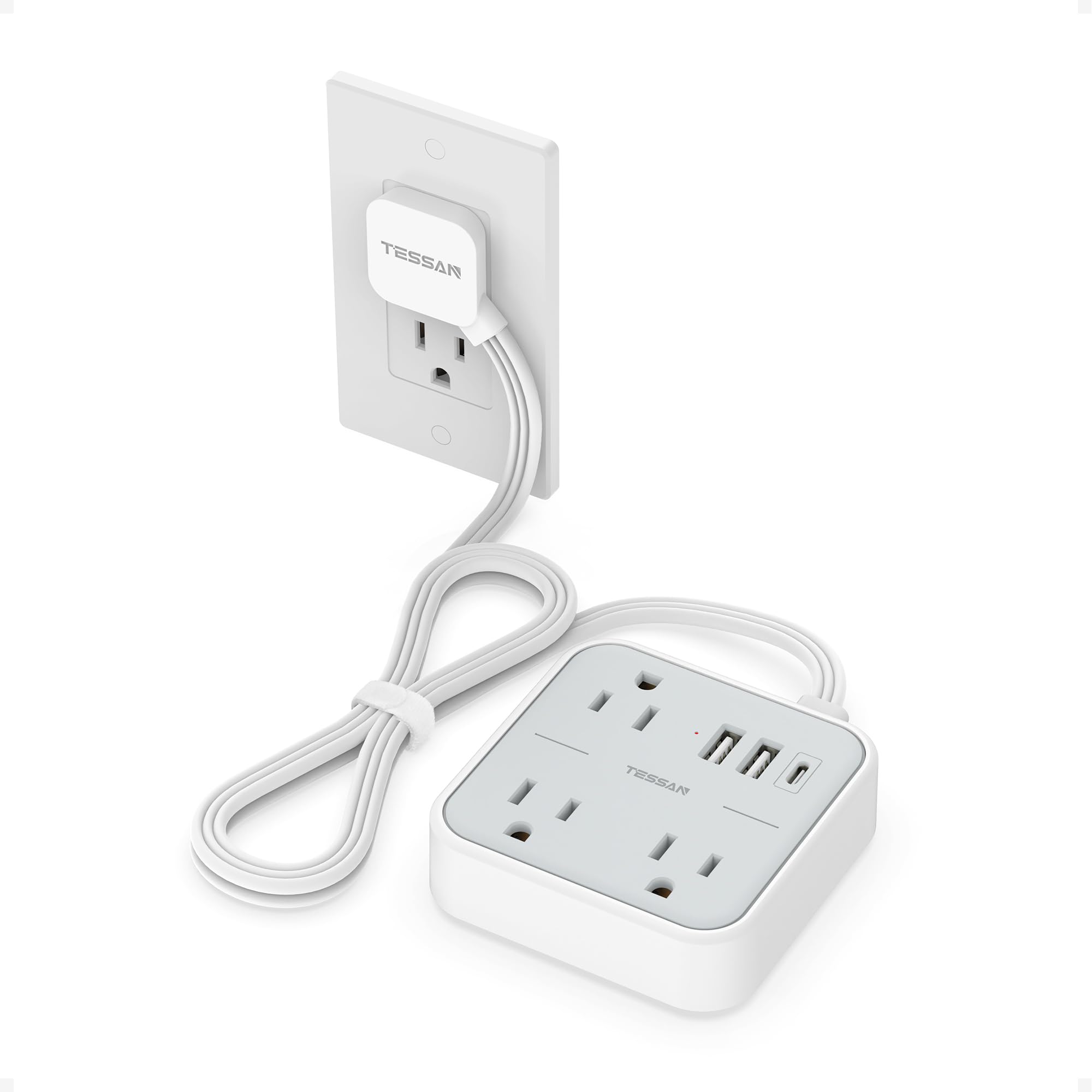 Short Extension Cord with Multiple Outlets 3 FT, TESSAN Small Flat Plug Power Strip with 3 USB (1 USB C) and Multi Outlets, Surge Protector Charging