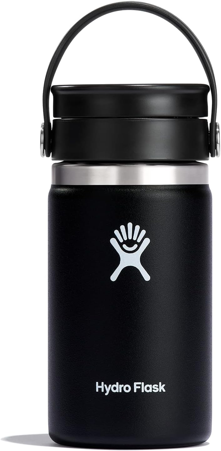 Travel Coffee Flask 354 ml (12 oz) - Vacuum Insulated Stainless Steel Travel Mug with Leak Proof Flex Sip Lid - Wide Mouth - Black