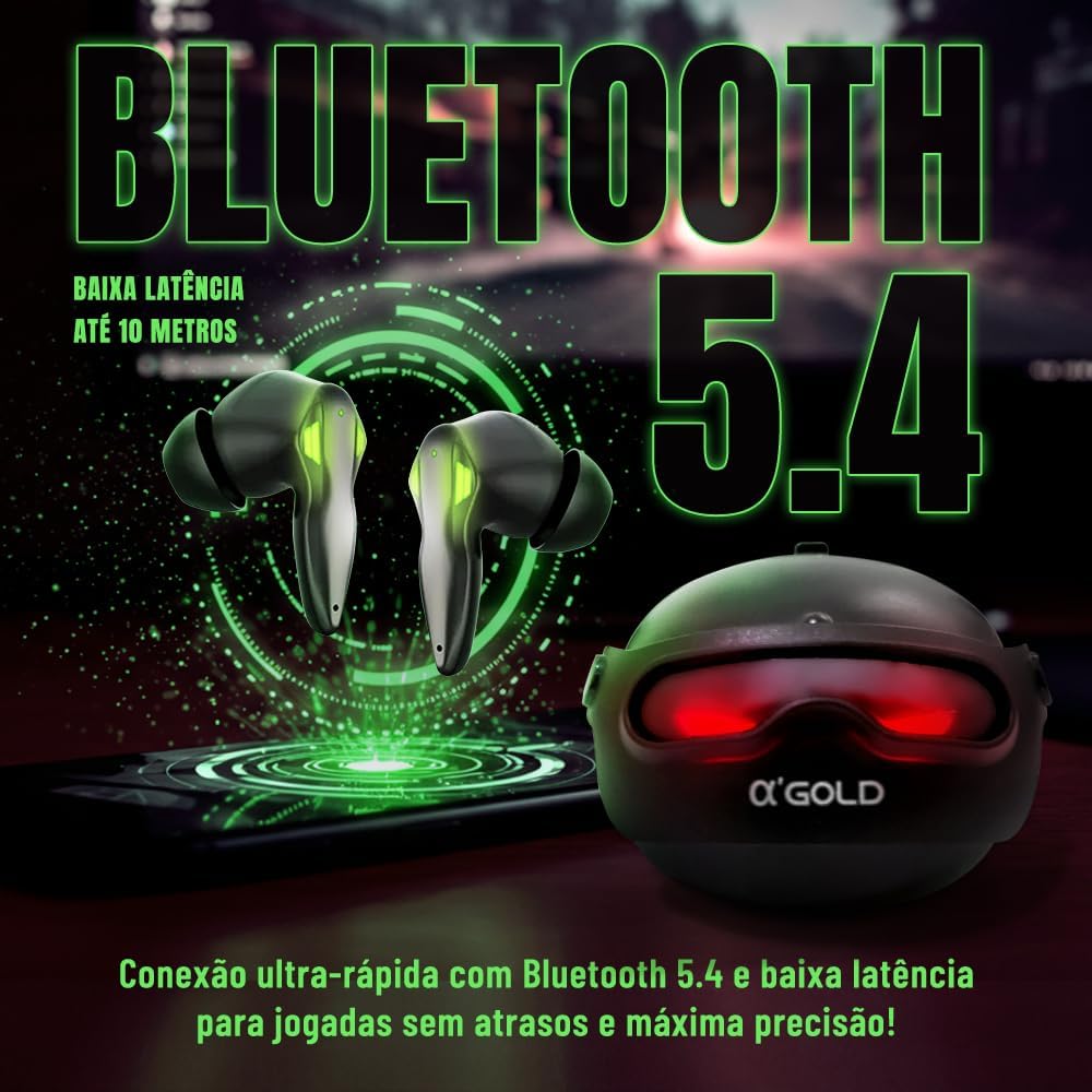 A'Gold FN-B48 Earbuds and case with a smartphone displaying Bluetooth 5.4 connection