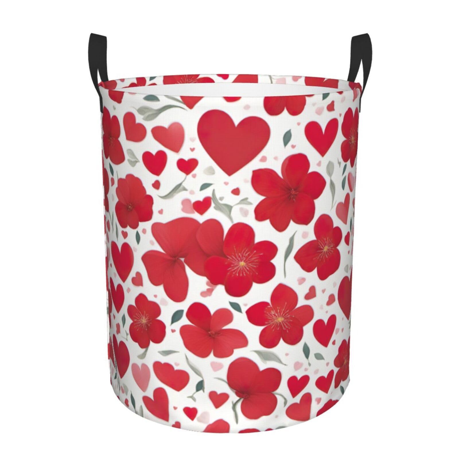 M Collapsible Laundry Hamper Round Valentine's Day Red Heart Flower Print Storage