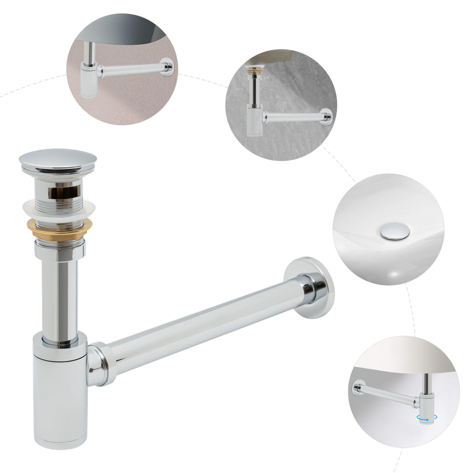 Fregadero con rebosadero, sifón de lavabo, grifo de desagüe desplegable, lavabo de baño, desagüe