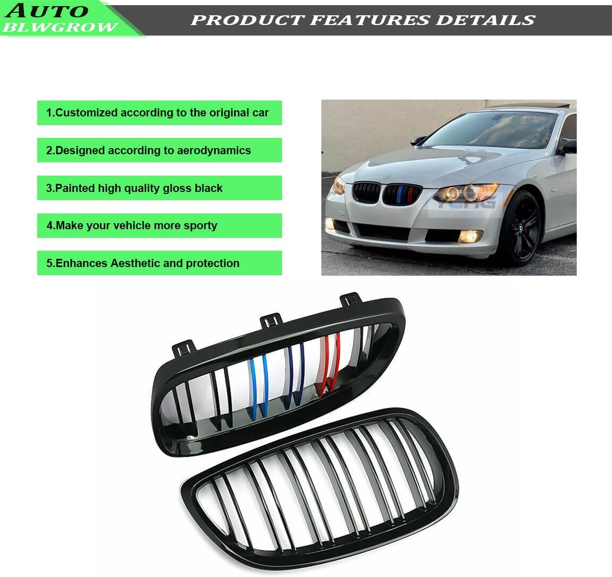 Front Kidney Grille Glossy Black Compatible with 2006-2009 3 Series E92 & E93 Double Slats Grill Gloss Black With M Color