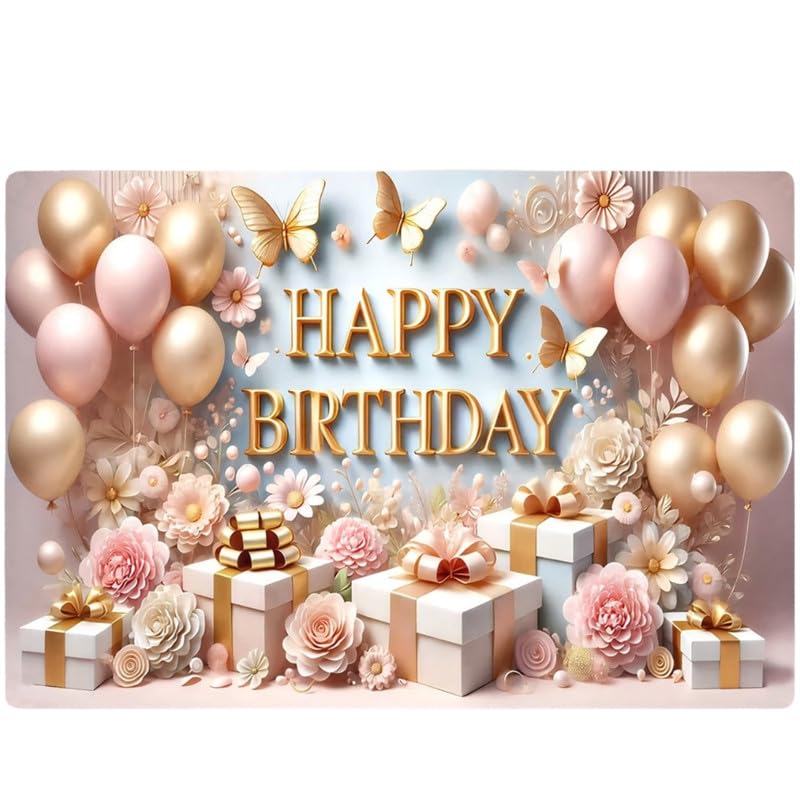 Image of Light Pink Elegant Birthday Backdrop - Floral Rose Gold Theme with Balloons & Gift Boxes for Birthday Decoration & Photoshoot (Pack of 1)