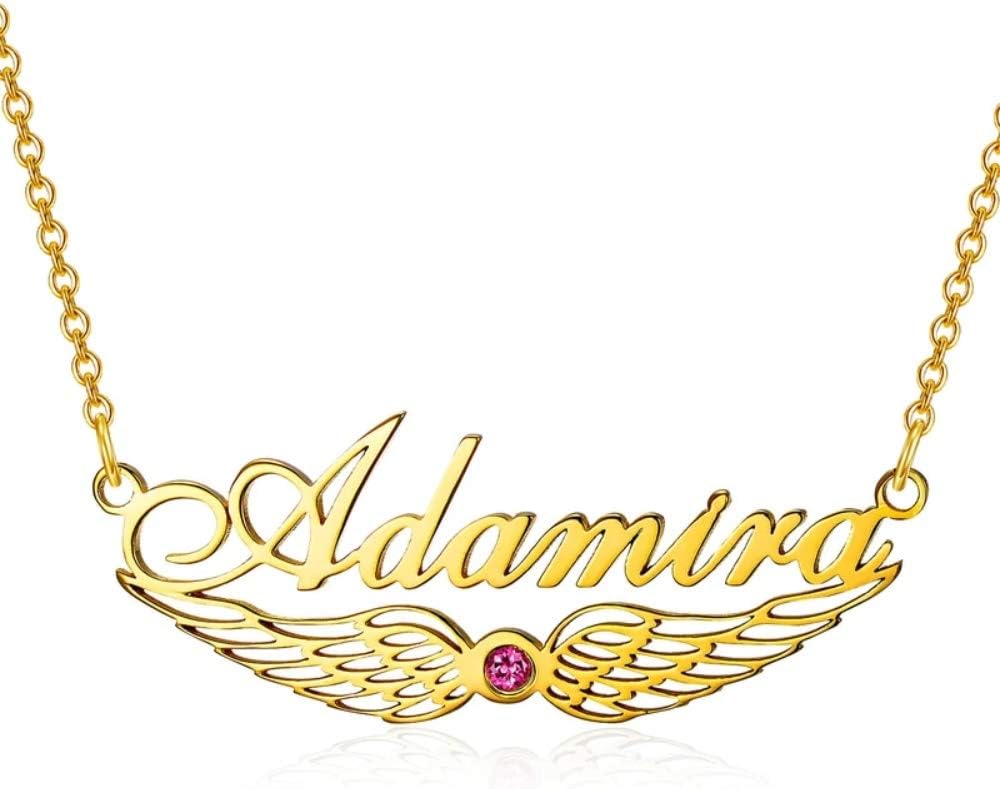 925 Sterling Silver Jewelry Angel Wings Name Necklace - Personalized 18ct Rose Gold/Gold Plated Synthetic Birthstone Birthday Present For Women