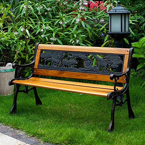 Fdw Patio Garden Bench Park Porch Chair With Cast Iron Armrest Hardwood Furniture Animals Child's Bench #TOP1