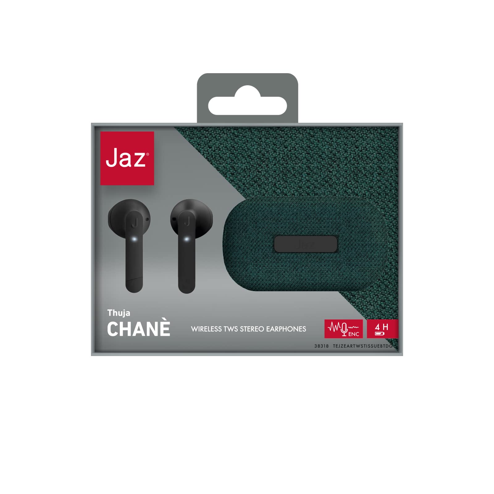 JAZ SBS TWS Chanè - Auriculares con Base de Carga de Tela, Auriculares inalámbricos Verdaderos con micrófono HD, Auriculares inalámbricos con cancelación de Ruido ENC, Cable de Carga USB-C Incluido