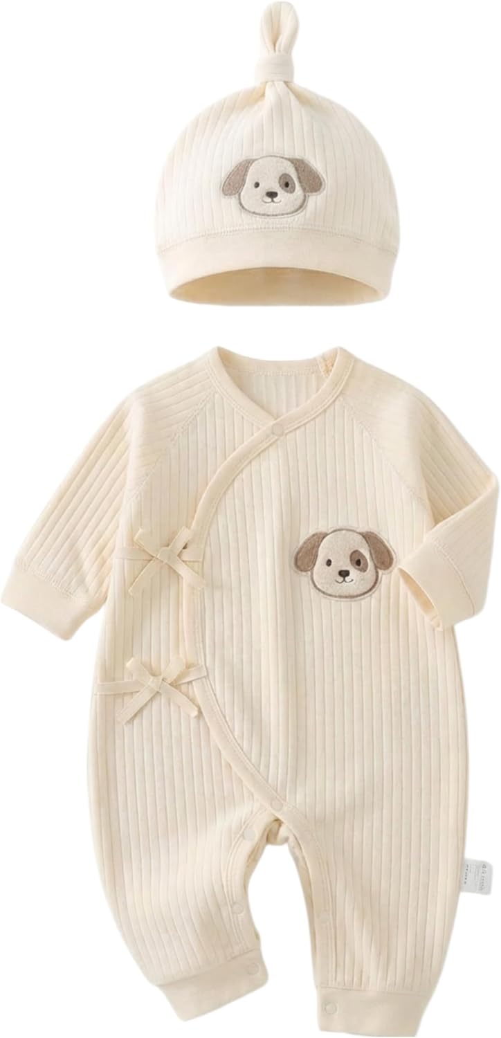 100% Cotton Newborn Baby Romper Clothes Set,Ribbed Kimono Side Tie Infant Bodysuit for Boy Girl 0-6 Months