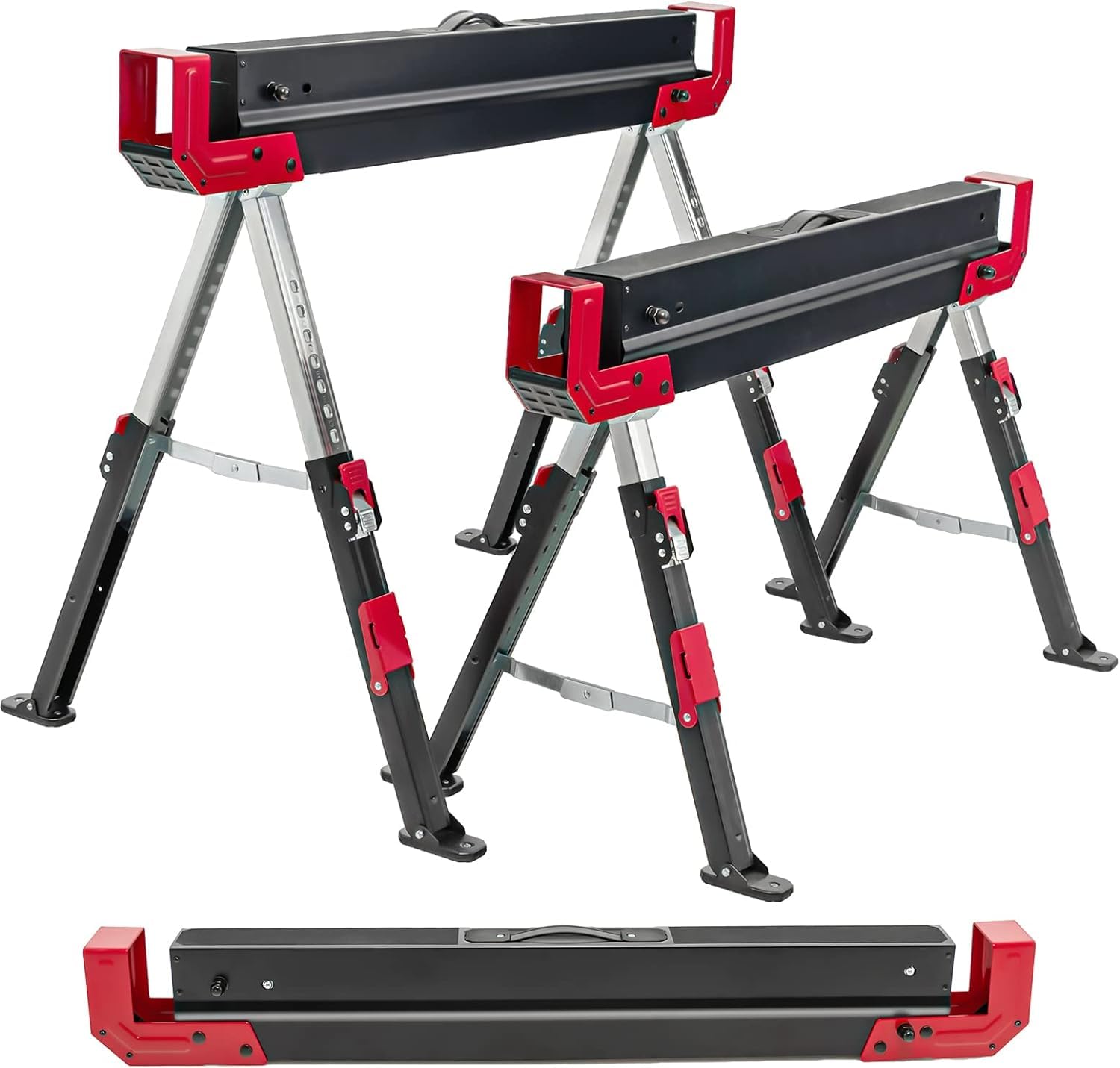 GYMAX Juego de 2 Caballete de Trabajo de Altura Ajustable, con Soporte Antideslizante, Soporte Plegable con Práctica Asa, Soporta hasta 1180 kg, Color Negro y Rojo