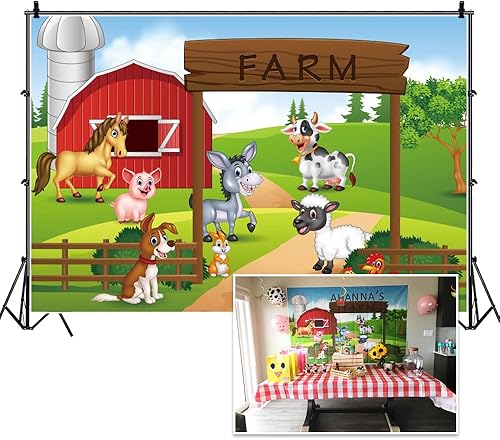 Miniatura 2 de Haoyiyi Telón de fondo de fotografía con temática de granja de 7 x 5 pies, diseño de granero rojo, casa de granero, césped verde, campo de prado,