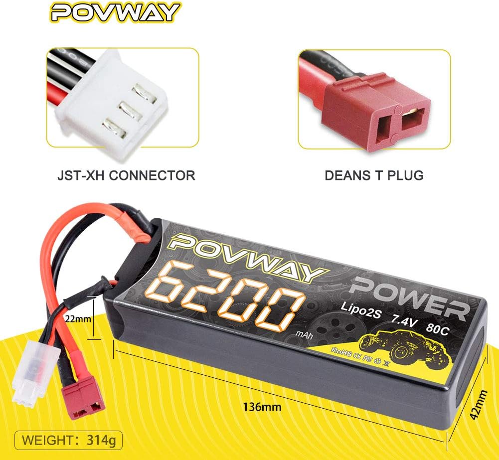 2S 6200mAh 7.4V LiPo Battery Hard Case 80C with T Plug for RC Cars, RC Truck,Buggy-2pack