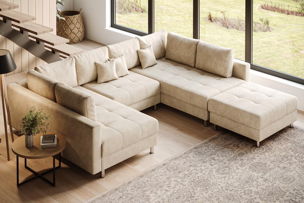 riess-ambiente.de Moderne XXL Wohnlandschaft Kent 305cm Champagner beige Samt inkl. Hocker und Kissen