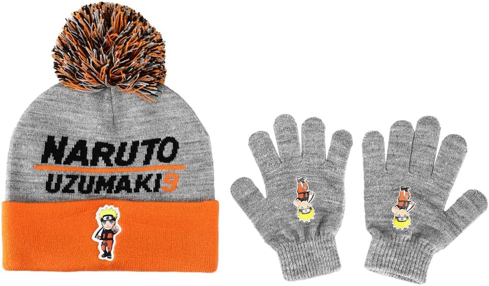 Naruto Shippuden Cuffed Beanie Hat with Pom and Gloves Combo Set for kids