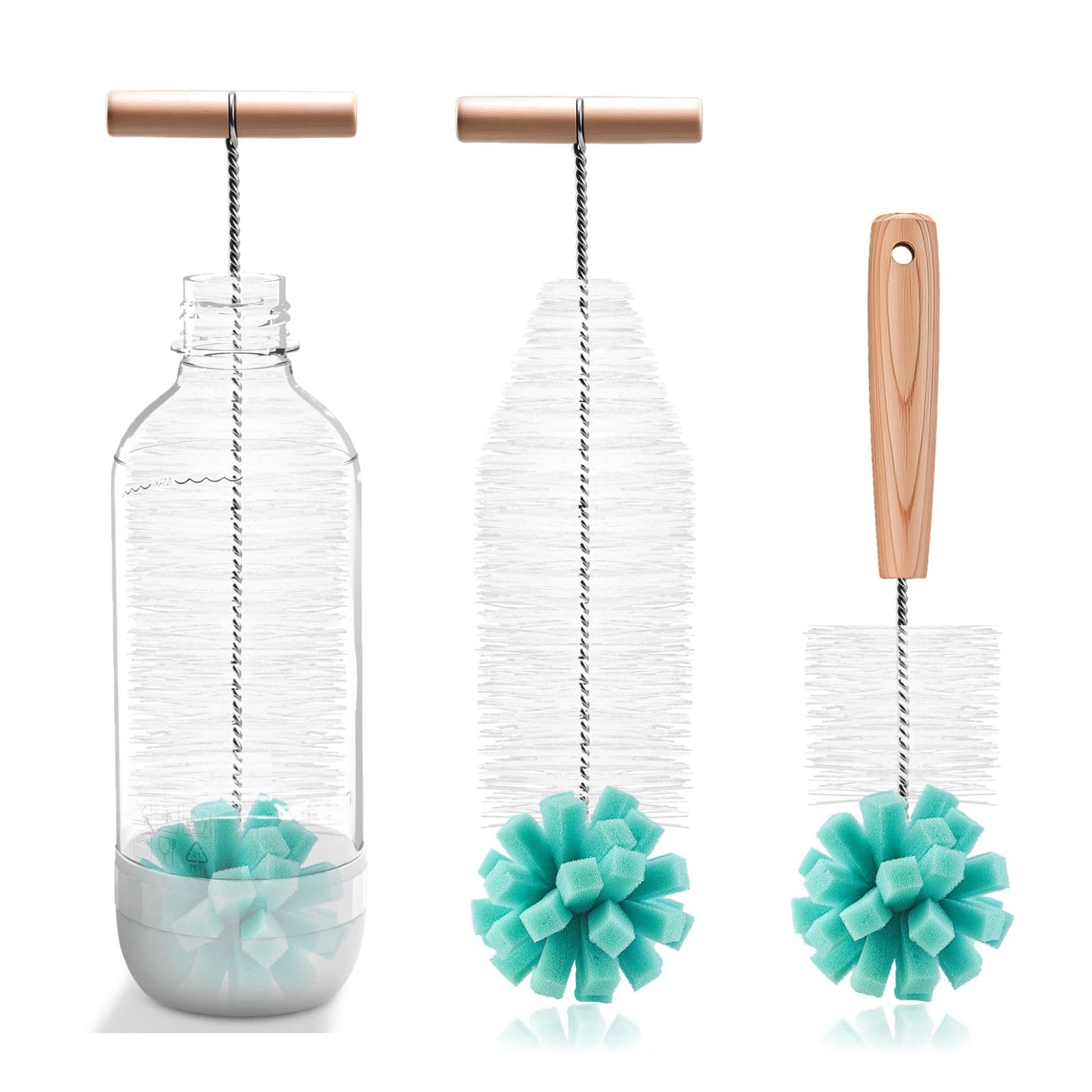 2 stuks flessenborstel, reinigingsborstel, compatibel met SodaStream glazen flessen, glazen sponsborstels, voor 1 liter frisdrankflessen, glazen karaf, drinkflessen, babyflessen