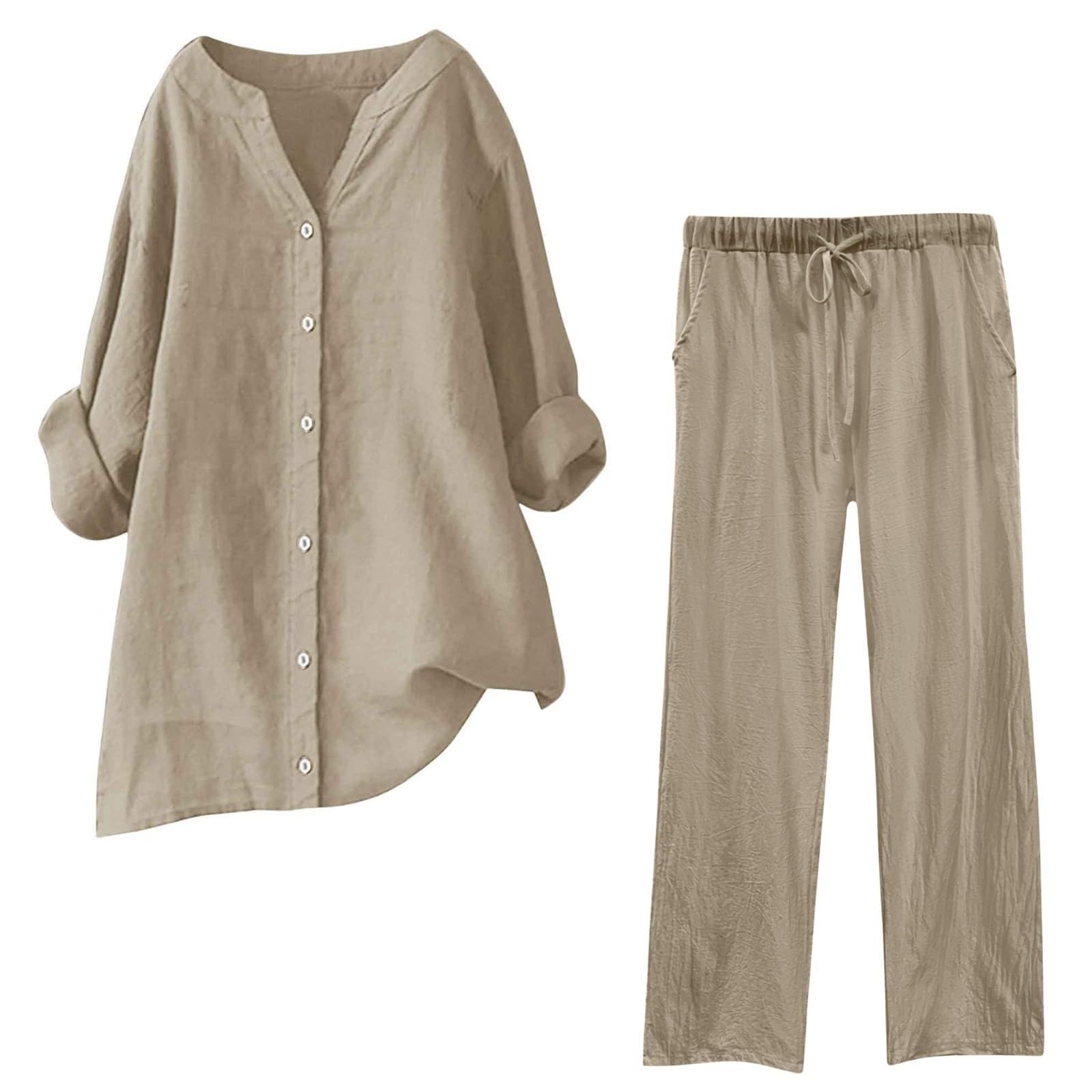 Generisch Spodnie damskie, dwuczęściowe, letnie, dwuczęściowe, lniane, eleganckie, plisowane, eleganckie, letnie, muślinowe, piżamowe, letnie stroje dla kobiet