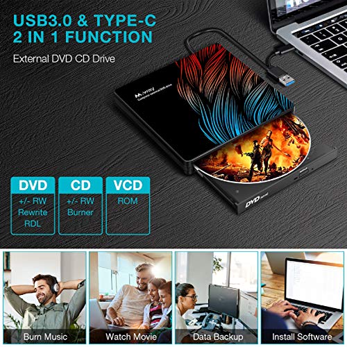 External DVD Drive, M WAY USB 3.0 External DVD CD ROM Drive, USB-C External DVD Player, Portable DVD +/- RW Optical Drive for Laptop PC Computer MacBook OS Windows 7/8/10/Linux (with Storage Bag)