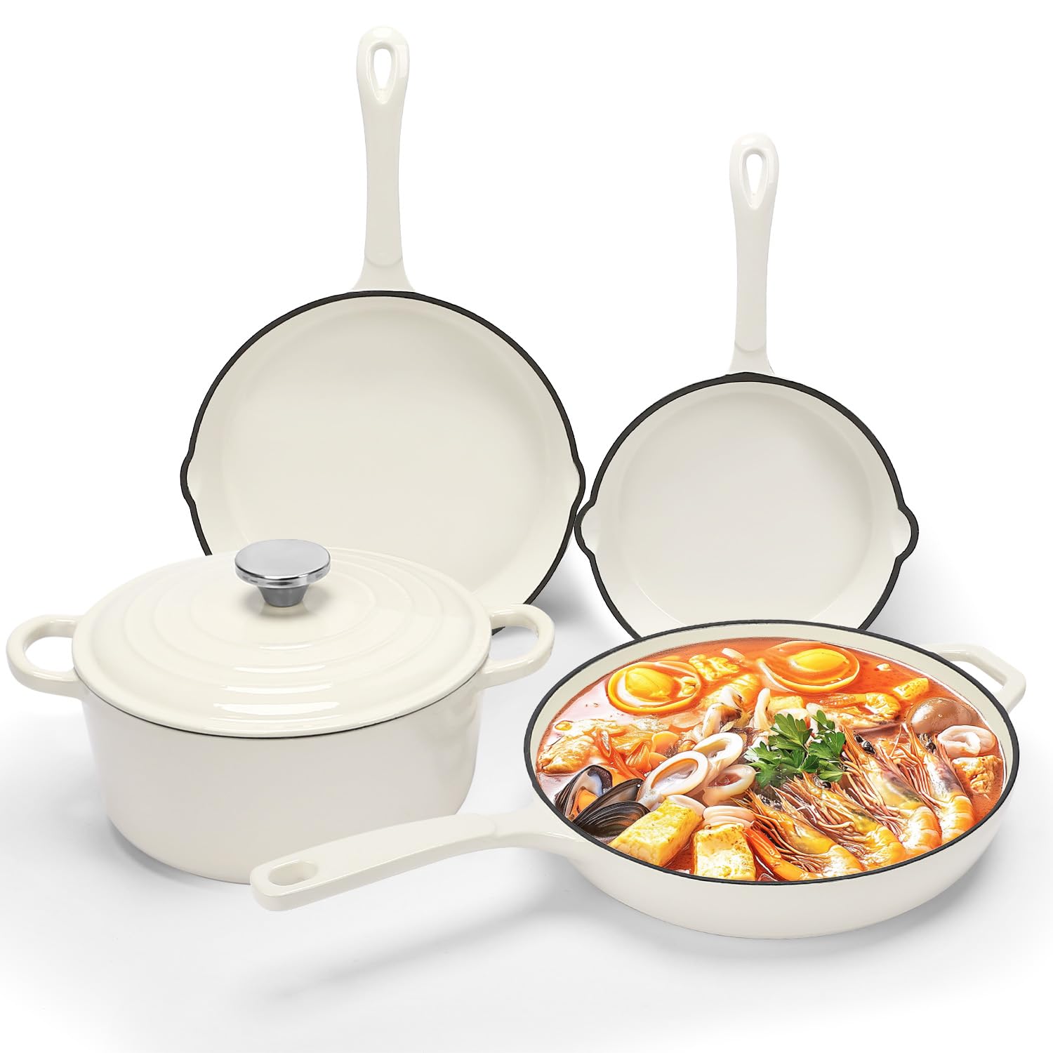 Nonstick Enameled Cast Iron Cookware Set- 3 Frying Pan and 1Piece Pots with Lid, Skillet,Heavy Duty Cookware,Dutch Oven Set for All Stovetops, Ideal for Sourdough Bread Baking,Cream White