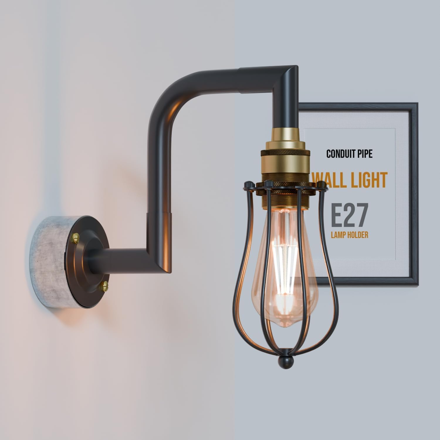 LEDSone Industrial 20mm Conduit Steel Pipe wall Light Kit Modern Black Metal cage E27 Lamp Holder Fitting Conduit Wall Mounted Lighting for Living Room Dining Room Kitchen