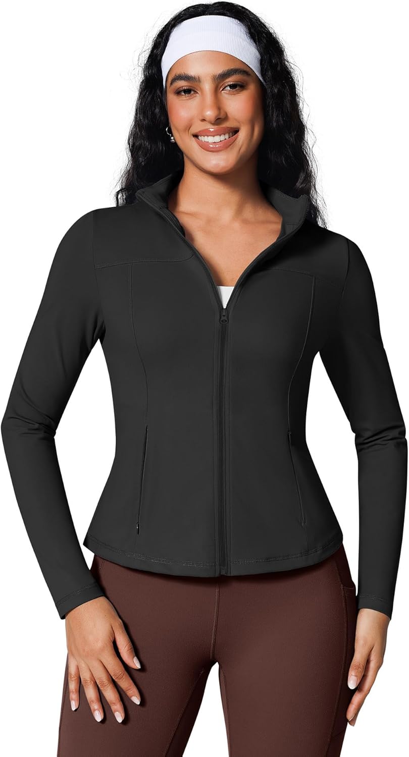 BRXL Women's Workout Jackets Zip Up Track Jacket Slim Fit Athletic Yoga Jackets with Pockets No Thumb Holes