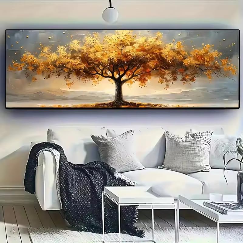 IHHGNB Cuadros en lienzo con diseño del Árbol de la Vida de hojas doradas, arte abstracto moderno para pared, pósteres e impresiones de árboles, decoración de imágenes (65x200cm (26x79in)/Sin marco)