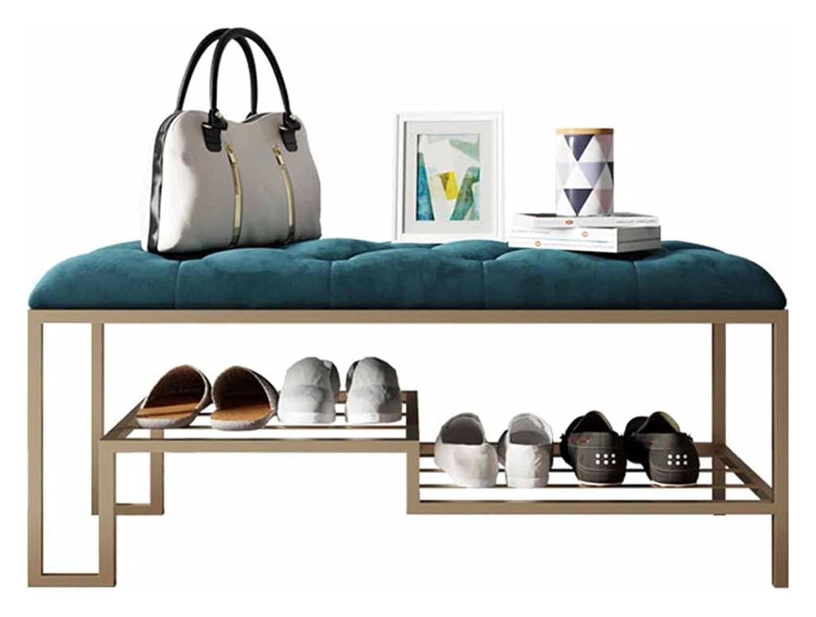 GRDDBZA Shoe Storage Bench with Cushion for Entryway, Shoe Bench Skin-Friendly Suede Cushion Tufted Surface High and Low Rail Design Large Storage Space 150kg Multi-Purpose Stool(100cm/39.4in)