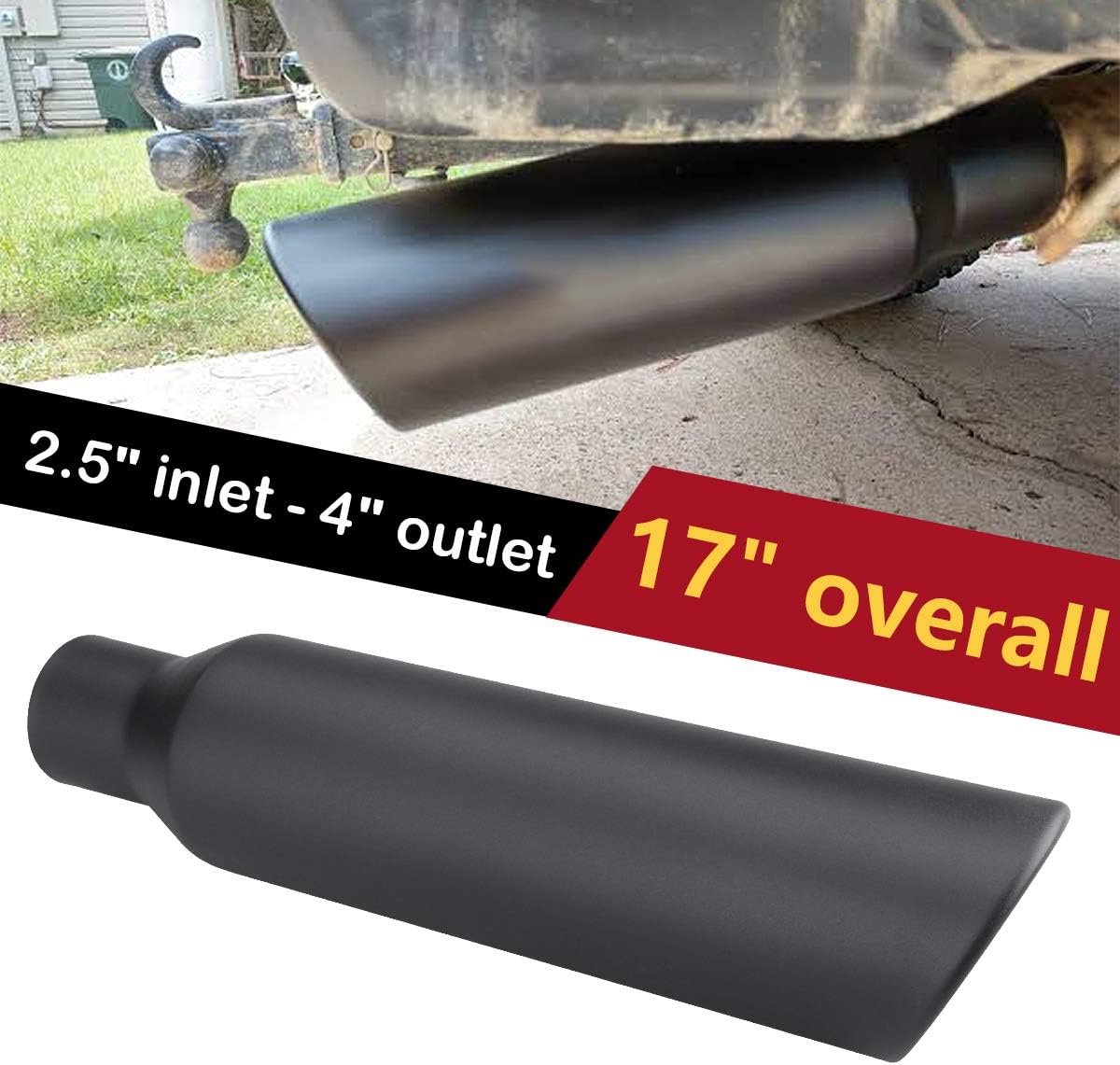 LCGP 2 Pcs 2.5" Inlet Exhaust Tips,2.5" Inlet x 4" Outlet x 17" Overall Length, Weld On, Universal Stainless Steel Black Diesel Exhaust Tailpipe