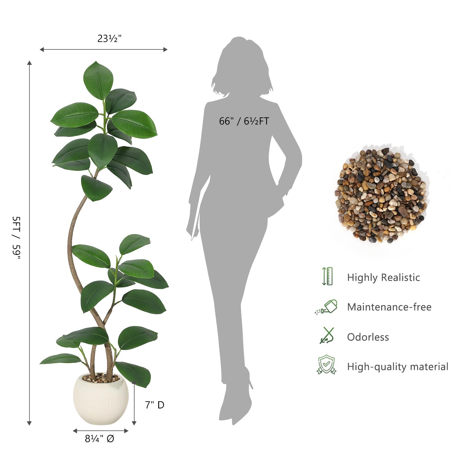 Acekool Real-Touch Künstlicher Gummibaum (Ficus elastica) – Indoor Kunstbaum als Bodenpflanze – 2-stämmig – Resin-Kugel-Topf mit Steinen – Höhe 150 cm, Topf Beige Mine Pot Flower Stone, Größe 150cm