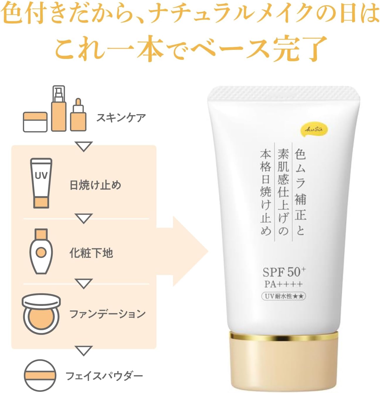 Тональный крем для макияжа KuSu Sunscreen, Корректирующий цвет, 1,4 унции (40 г), Для лица, Не содержит химикатов, Не содержит УФ-поглотителей, SPF50+ PA+++, Водостойкий, 7 видов косметических ингредиентов, УФ-крем для ухода за кожей, Глянцевая кожа, Увлажняющий, корректирующий неровности цвета, фото 4