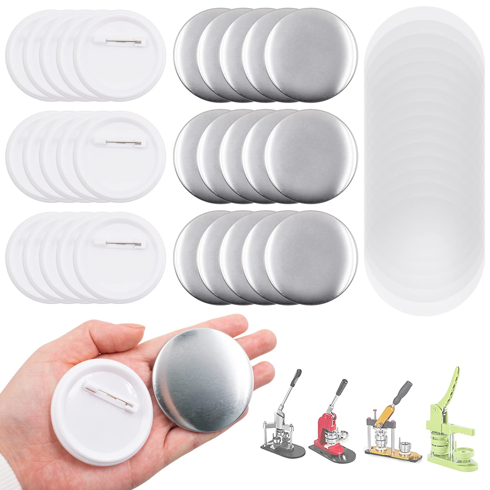 100 sztuk 58 mm puste guziki, części do przypinek, części do produkcji guzików, maszyn DIY, rzemiosła, w tym metalowe osłony, tylna osłona i przezroczysta folia