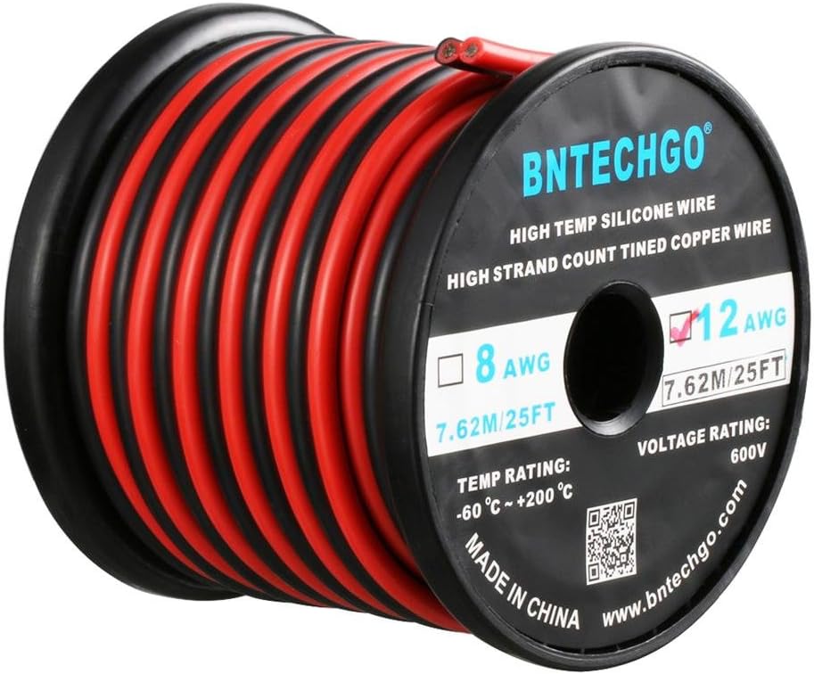 BNTECHGO 12 Gauge Flexible 2 Conductor Parallel Silicone Wire Spool Red Black High Resistant 200 deg C 600V for Single Color LED Strip Extension Cable Cord,Model,25ft Stranded Tinned Copper Wire