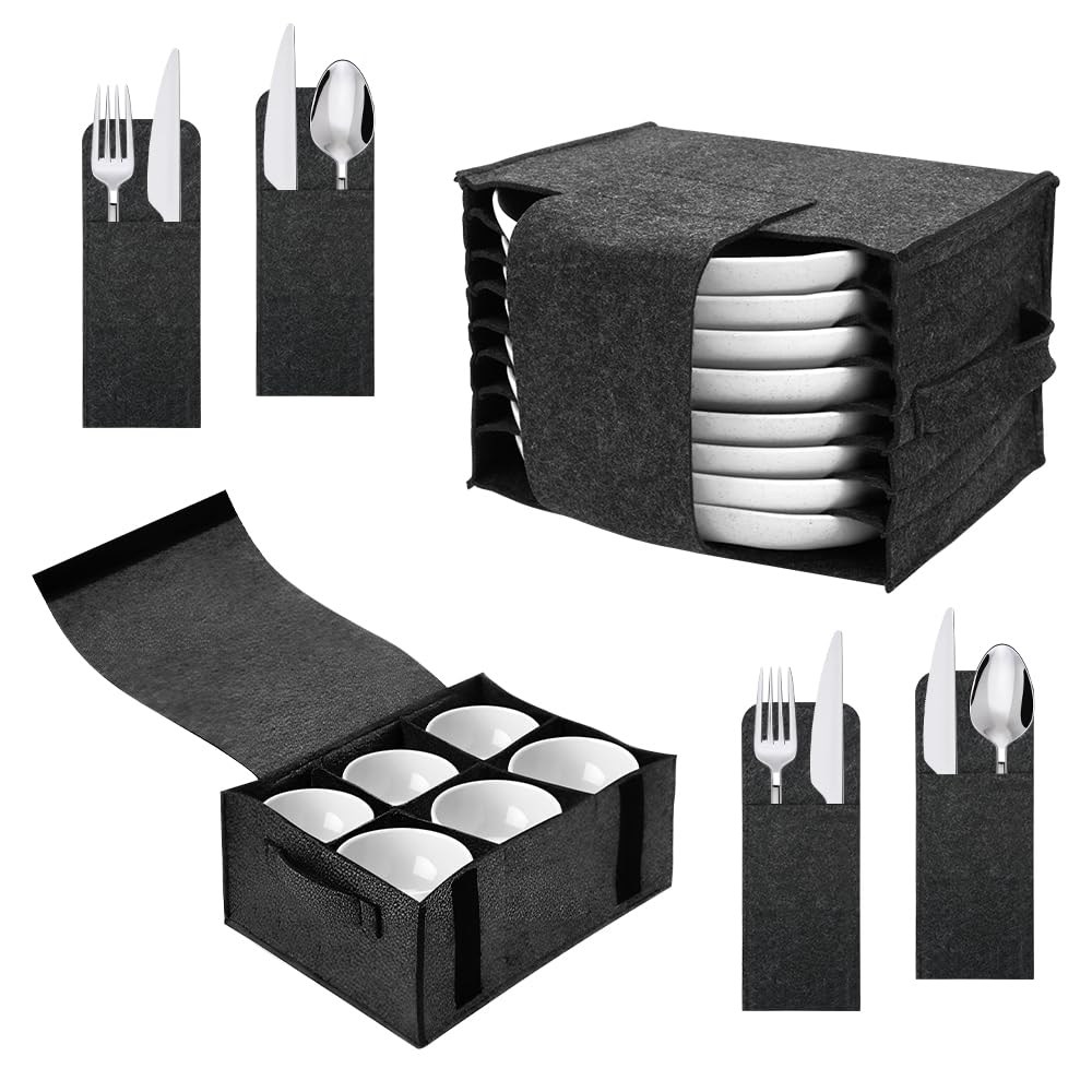 Lot de 2 porte-assiettes en verre pour caravane, camping-car, cuisine, camping, avec 8 compartiments pour assiettes et 6 porte-gobelets, sac de rangement de vaisselle en feutre avec poignées pour