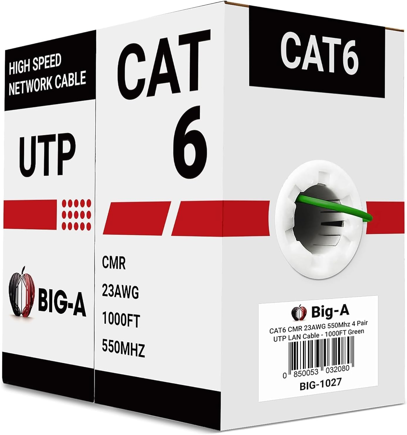 Big-A - Bulk Cat6 Cable 1000ft 23AWG Solid 4 Pair, Cat 6 Ethernet Cable Unshielded Twisted Pair (UTP), (CMR) 550MHz Internet Cable, Pull Box - Green