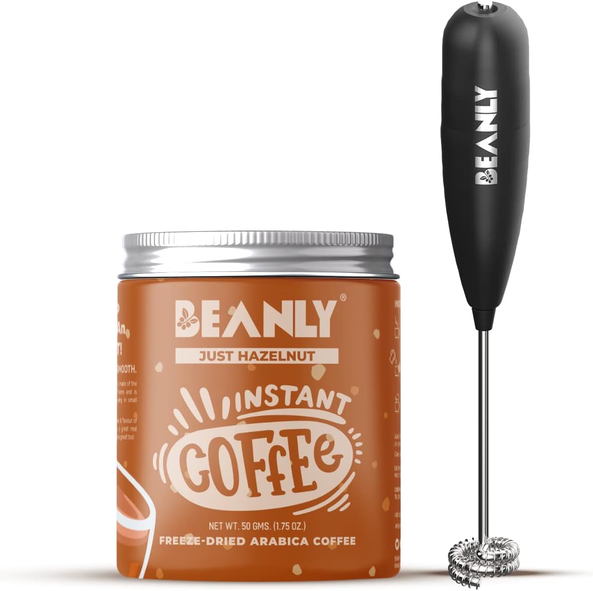 Beanly Instant Hazelnut Coffee with Frother, Enjoy a Perfectly Creamy Cup of Hazelnut Coffee Anytime, Anywhere with Freeze Dried & Micro Ground Coffee and Built-In Frother - No Equipment Required