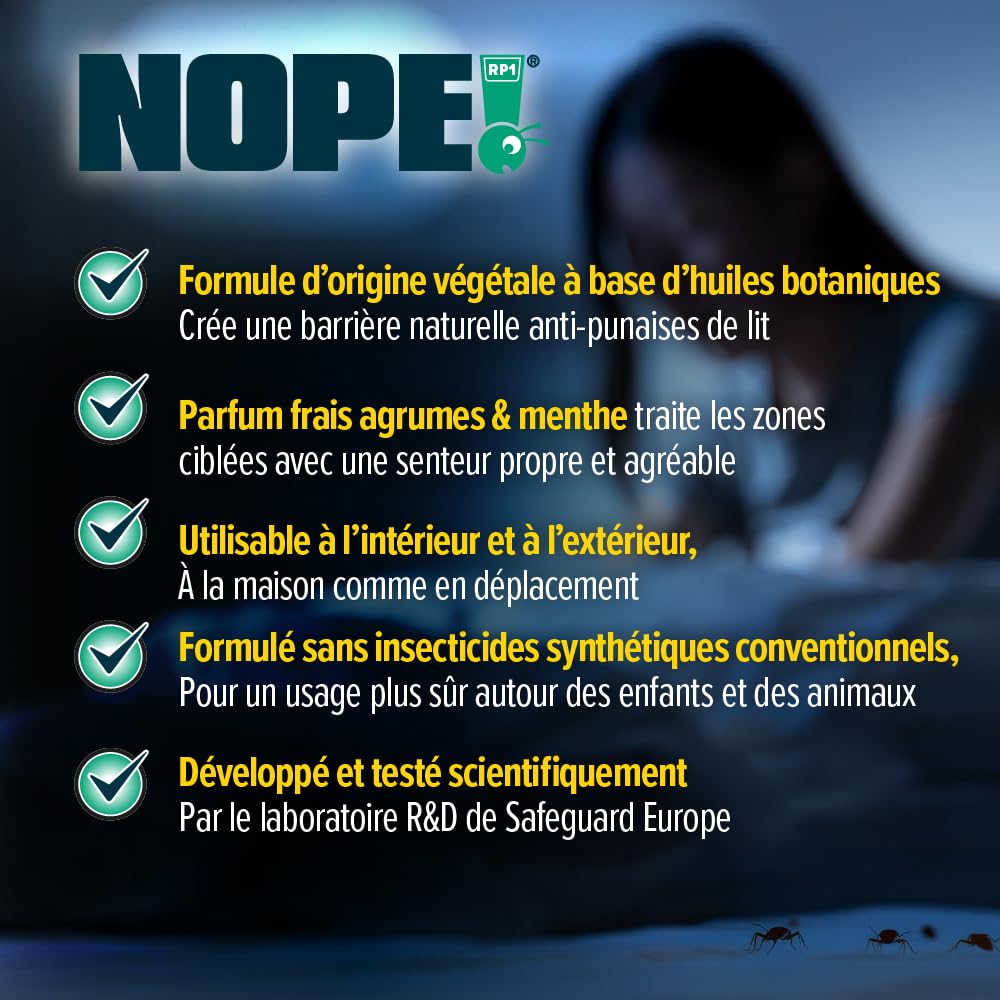 NOPE! RP Spray Répulsif Anti-Punaises de Lit 500ml – Maison & Voyage – Huiles Essentielles – Pour Matelas, Textiles & Bagages