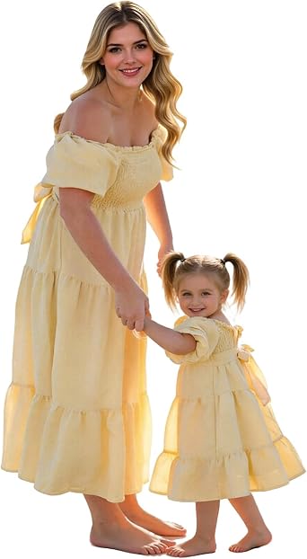 Awoscut Mother Daughter Matching Dresses Ruffled Hem Short Sleeves A-Line Summer Mommy and Me Maxi Dresses