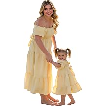 Awoscut Mother Daughter Matching Dresses Ruffled Hem Short Sleeves A-Line Summer Mommy and Me Maxi Dresses