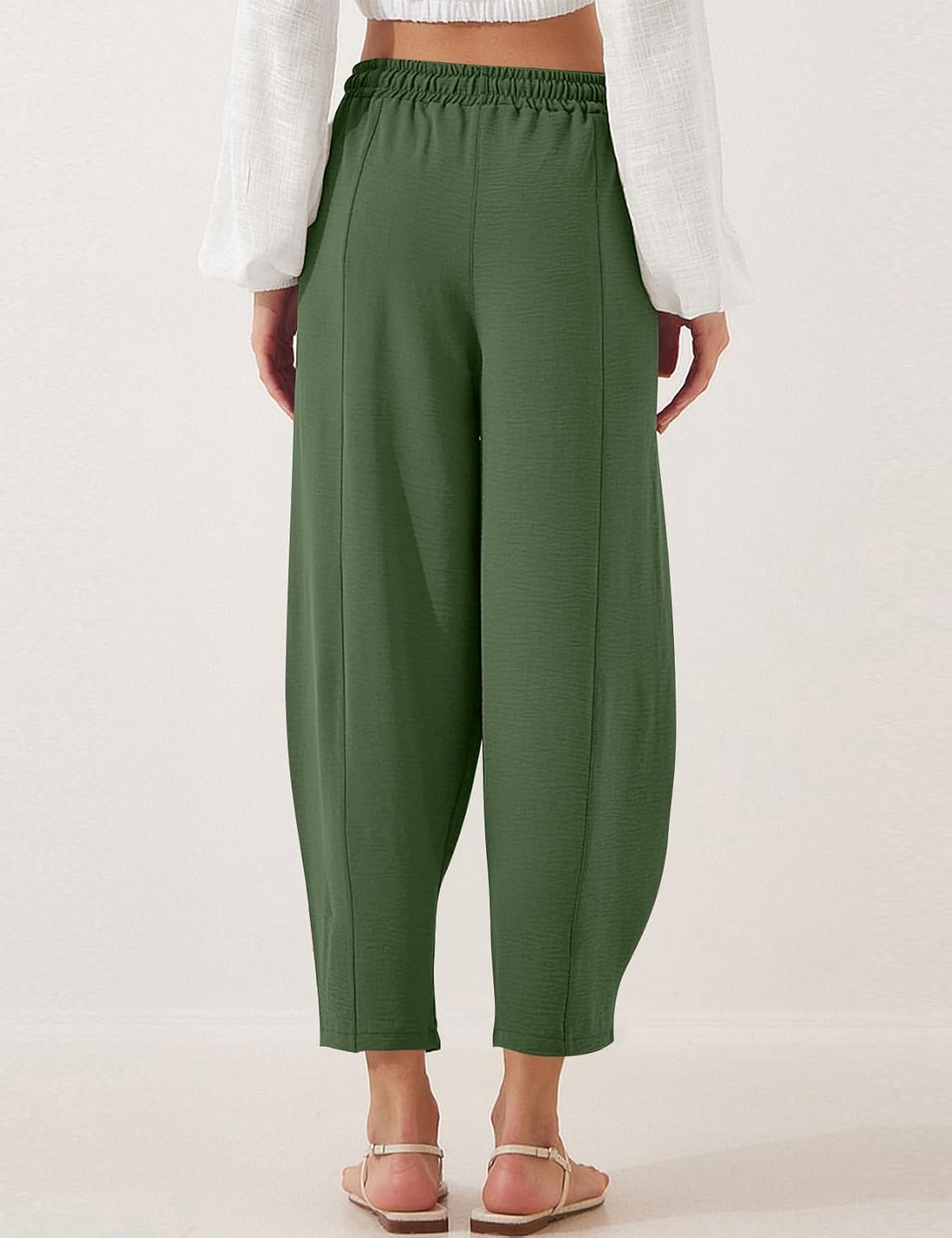 COZYPOIN Womens Baggy Wide Leg Pants Drawstring Elastic Waisted Casual Palazzo Harem Slacks Lounge Trousers with Pockets(ArmyGreen-M) - Image 2