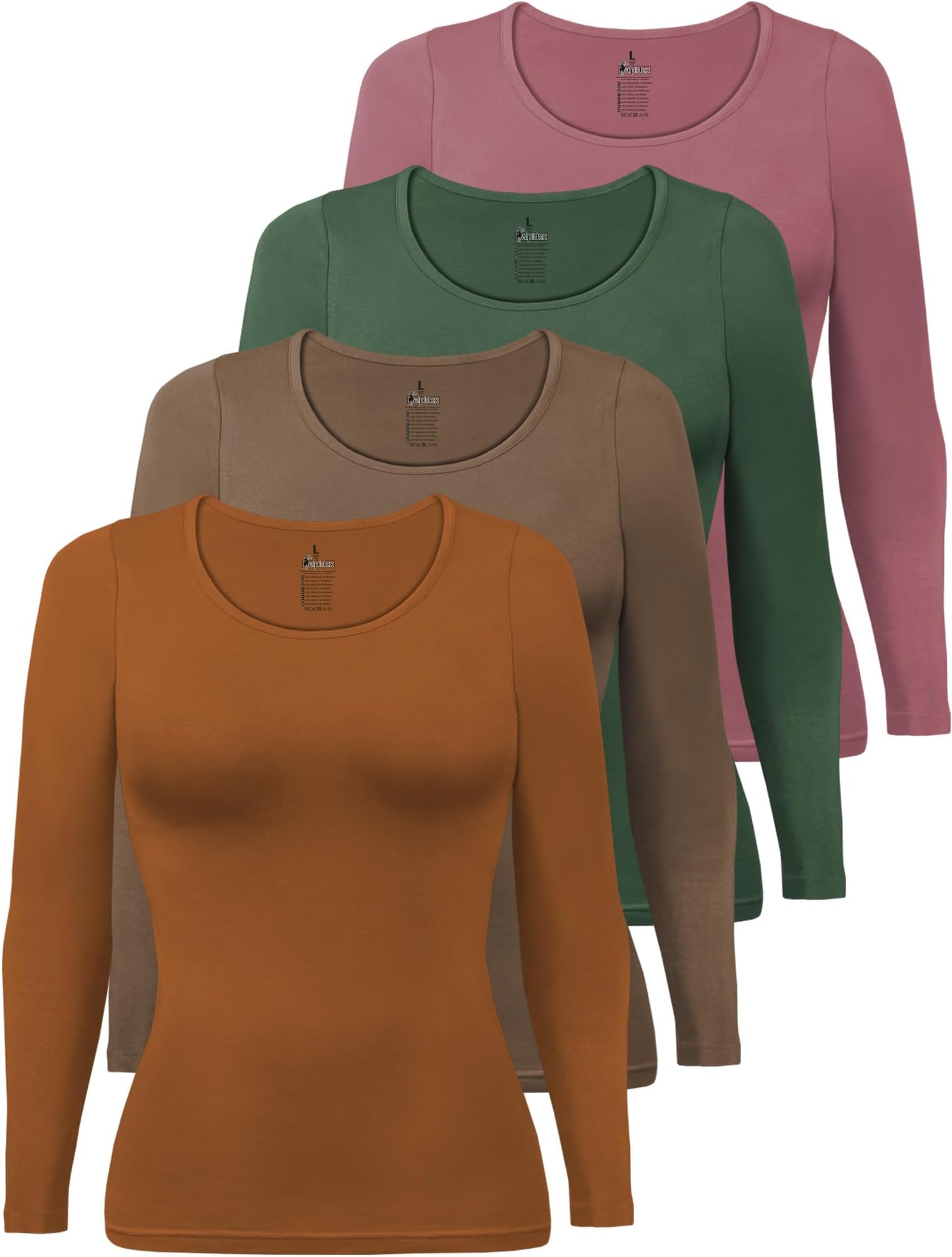 – Women's Long Sleeve Tops 4 Pack Basic Cotton Stretch Shirt Undershirt Round Neck Plain Layer Top