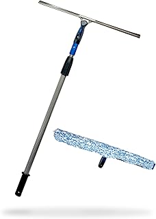 LEWI Fensterreinigungsset mit Teleskopstange (2x60 cm) – Profi Fensterwischer & Fensterabzieher je 55 cm Aluminium-Stange für hohe Fenster & Ecken - inkl. Konus & Gratisprobe GlasRein